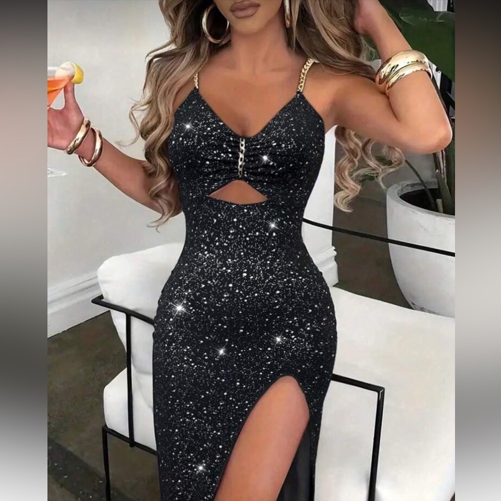 Elegant Black Glitter Evening Dress